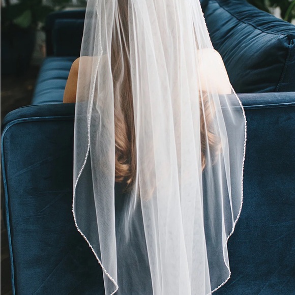 Beaded Trim Fingertip Length Veil - Picture 3 of 3